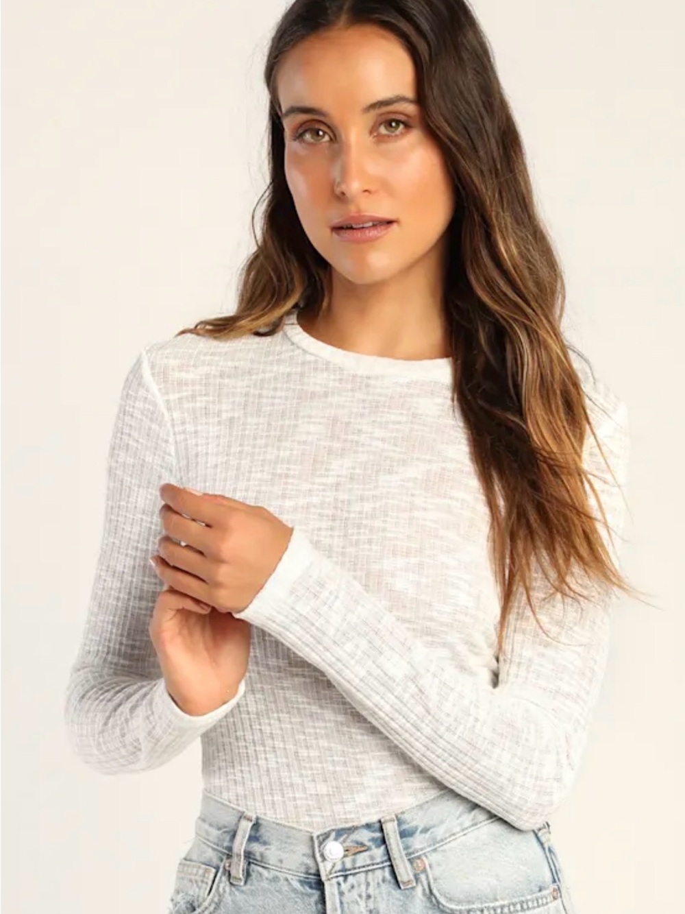Free People Aura Long Sleeve Crewneck Top - White